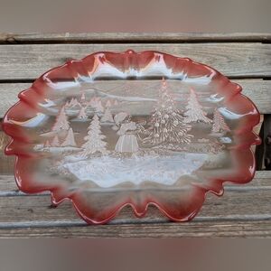 Mikasa Christmas Red Rim Frosted Crystal Platter